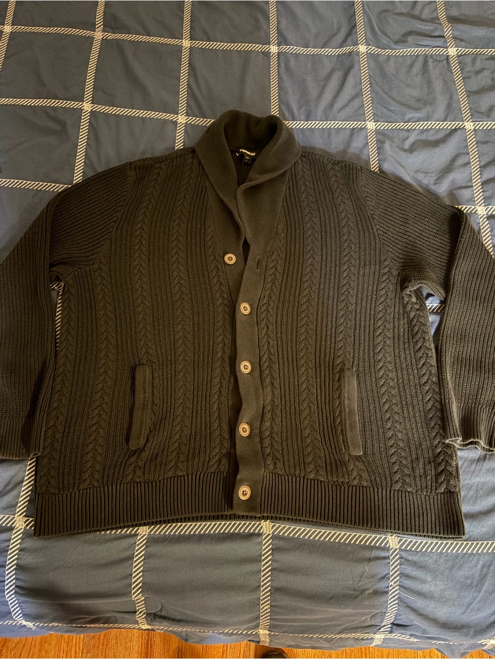 Men's Shawl Collar Cable Knit Cardigan Black Sweater XL